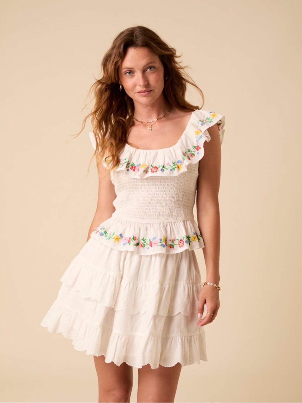 Nobody's Child White Floral Embroidered Shirred Top